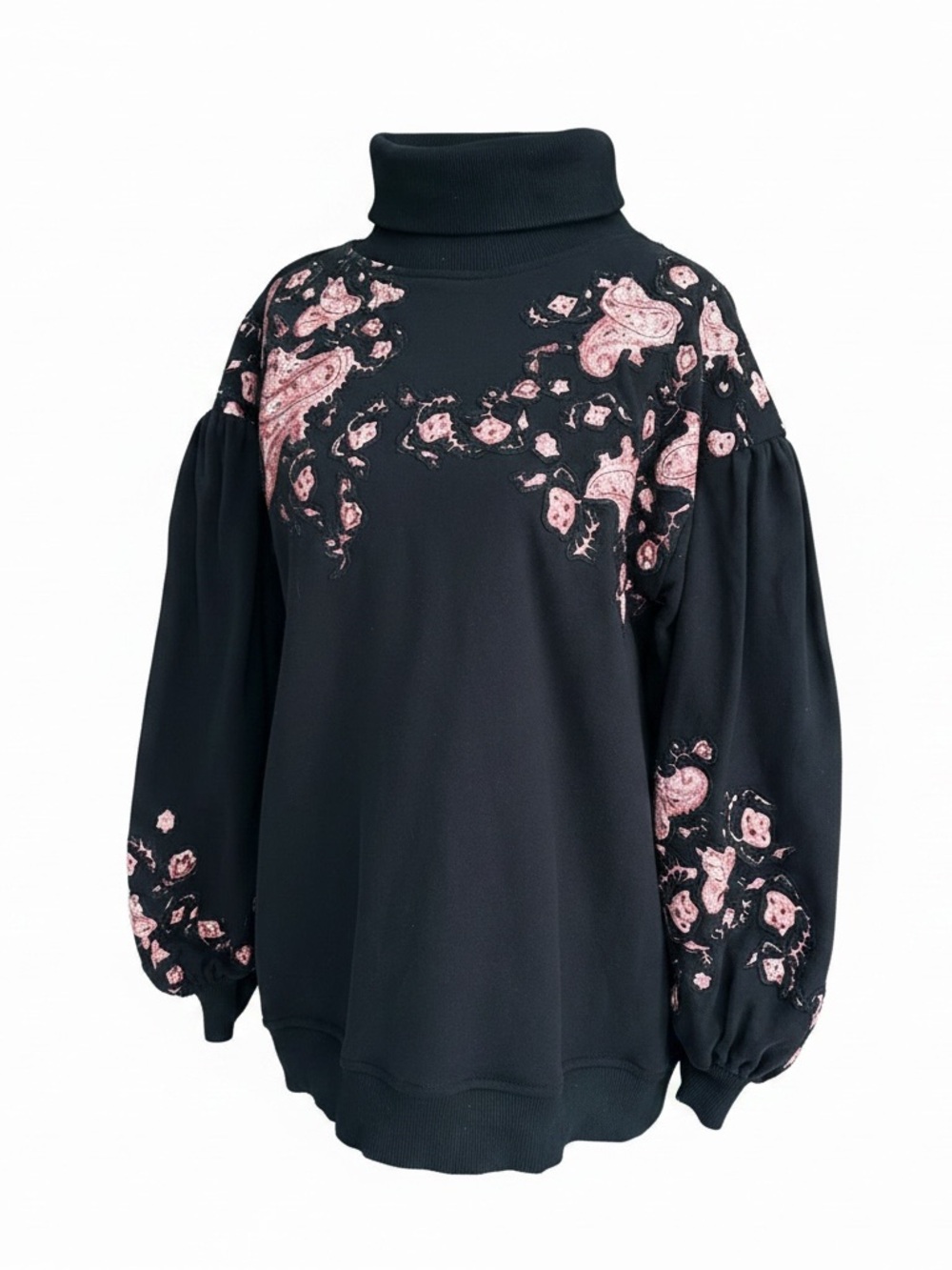 Hemant & Nandita Black Boho Floral Puff Sleeve Turtleneck Sweatshirt Size S